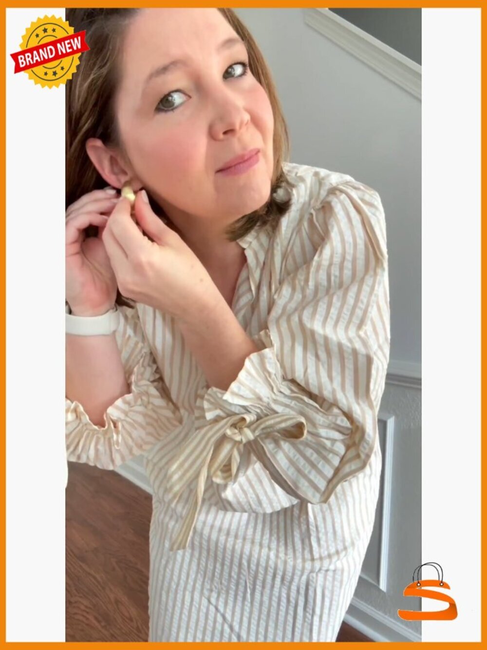 V Neck 3/4 Puff Sleeve Striped A Line Shirt Dress with Pockets - Picture 6 of 6